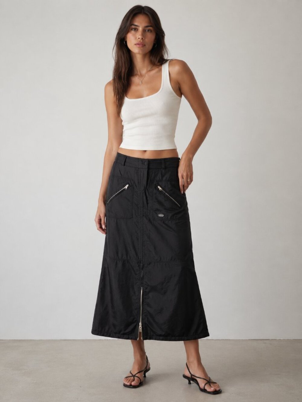 Vintage Siren Y2k 90s Alternative Nylon Zip Front Maxi Skirt Size Large